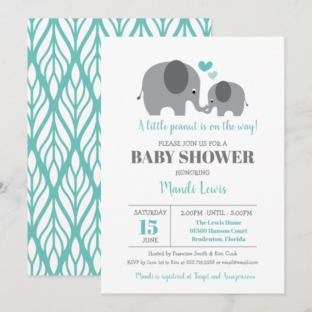 Invitation Baby shower Turquoise Little Peanut Elephant (Devant / Derrière)