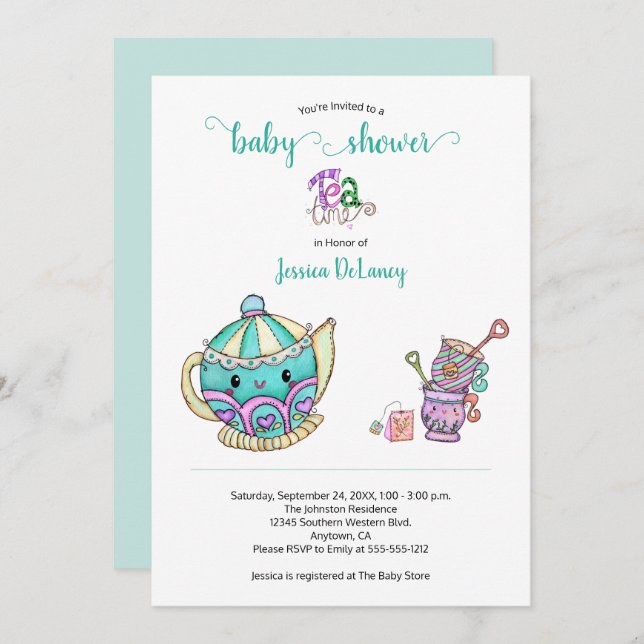 Invitation Baby shower Turquoise pour le thé (Devant / Derrière)