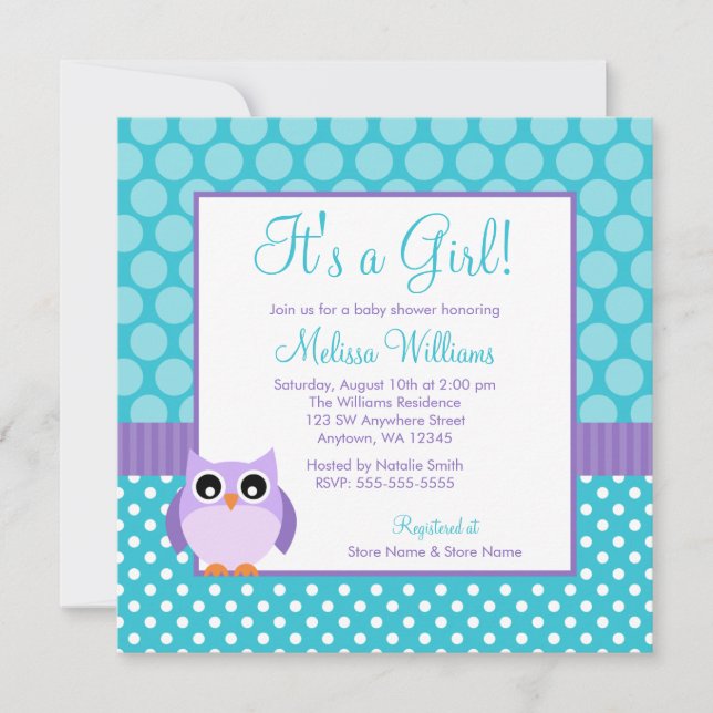 Invitation Baby shower turquoise pourpre de fille de point de (Devant)