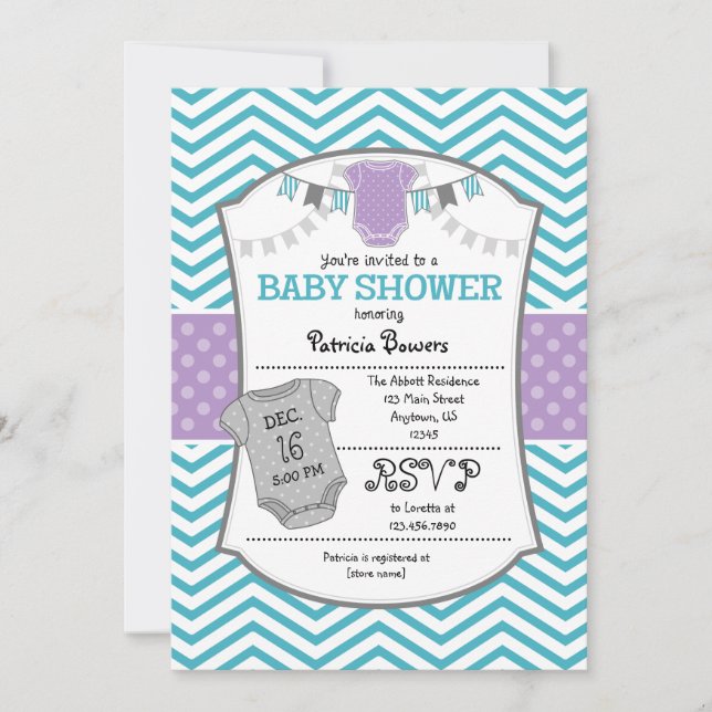 Invitation Baby shower turquoise Purple Grey Chevr (Devant)