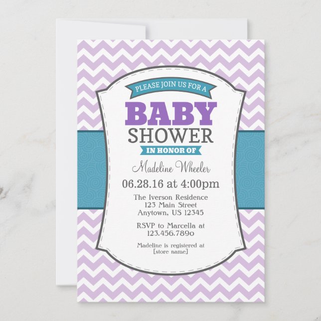Invitation Baby shower turquoise Purple Grey Chevr (Devant)