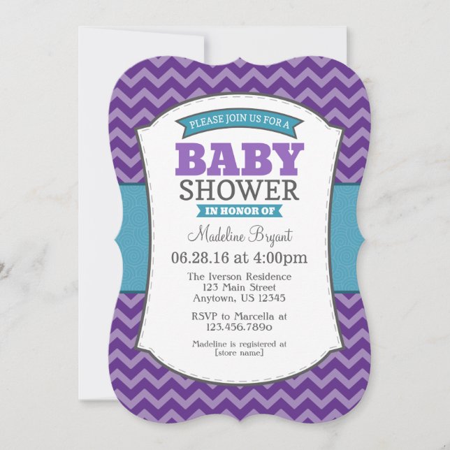 Invitation Baby shower turquoise Purple Grey Chevr (Devant)