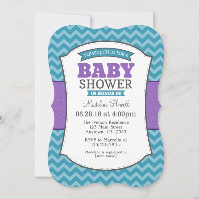 Invitation Baby shower turquoise Purple Grey Chevr (Devant)