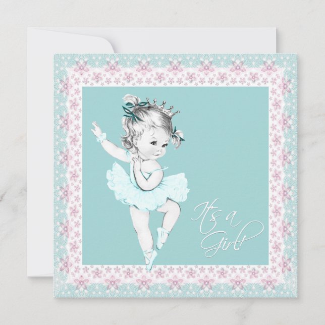 Invitation Baby shower turquoise rose Ballerina fille (Devant)