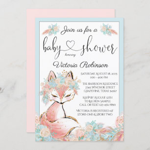 Invitation Baby shower turquoise rose d'or de Fox de Boho de