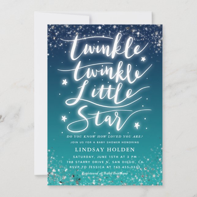 Invitation Baby shower Turquoise Twinkle Little Star Blue (Devant)