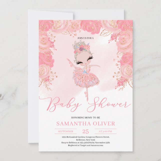 Invitation Baby shower tutu floral rose et or rose (Devant)