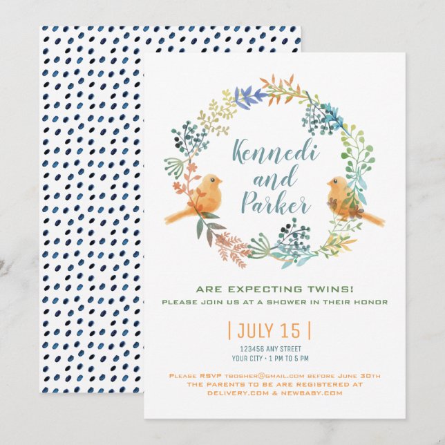 Invitation Baby shower Twin Baby Birds Et Fleurs (Devant / Derrière)