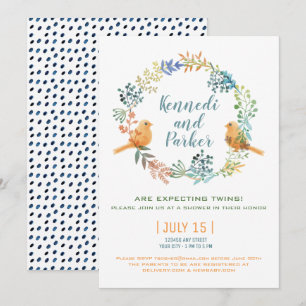 Invitation Baby shower Twin Baby Birds Et Fleurs