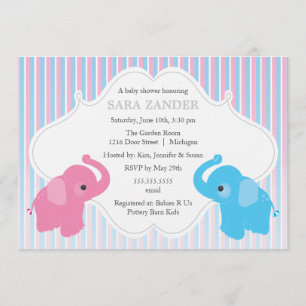 Invitation Baby shower Twin Boy and Girl Elephant