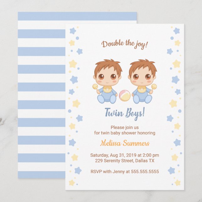 Invitation Baby shower Twin Boys (Devant / Derrière)