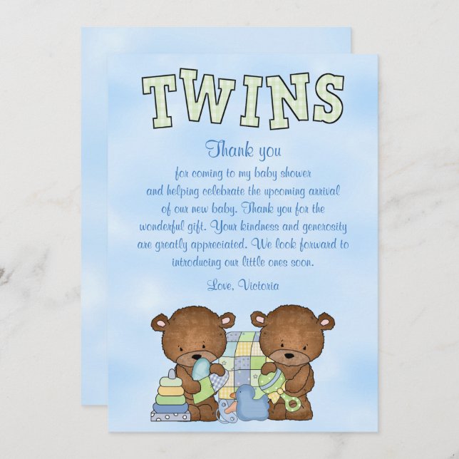 Invitation Baby shower Twin Boys Teddy Bear (Devant / Derrière)