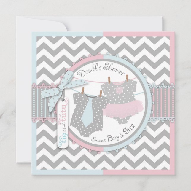 Invitation Baby shower Twin Cravate Tutu Chevron (Devant)
