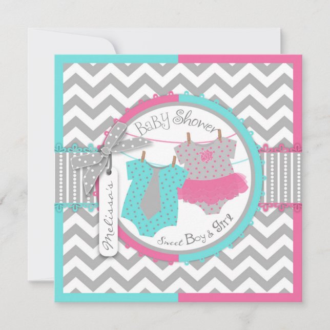 Invitation Baby shower Twin Cravate Tutu Chevron (Devant)