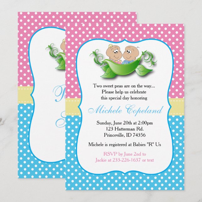 Invitation Baby shower Twin - Deux Pois Dans Un Pois (Devant / Derrière)