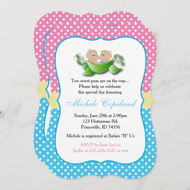 Invitation Baby shower Twin - Deux Pois Dans Un Pois (Devant / Derrière)