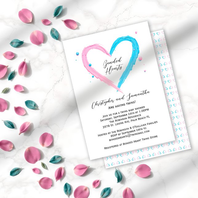 Invitation Baby shower Twin Elegant Blue Rose Heart Twins (Créateur téléchargé)