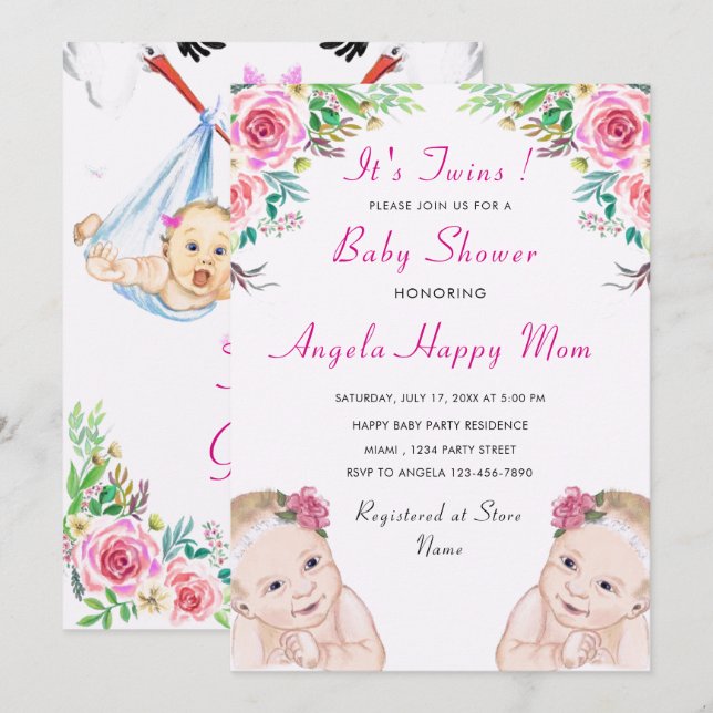 Invitation Baby shower Twin Girls (Devant / Derrière)
