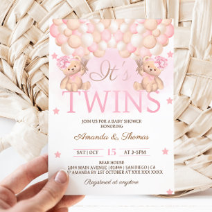 Invitation Baby shower Twin Girls Bear Pink Balloons