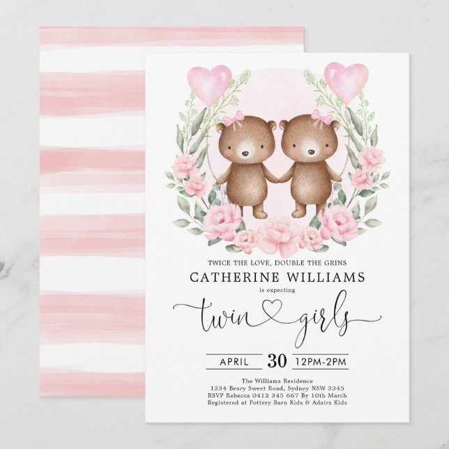 Invitation Baby shower Twin Girls Chic Rose Floral Teddy Bear (Devant / Derrière)