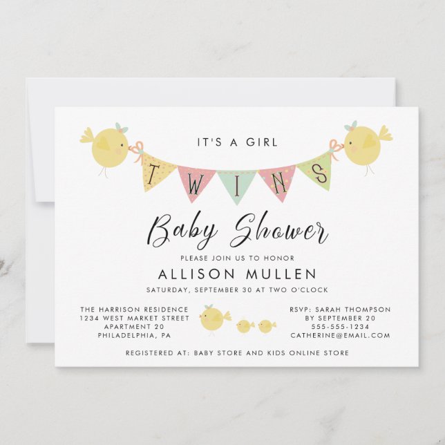 Invitation Baby shower Twin Girls| Mammy Bird & Chicks (Devant)