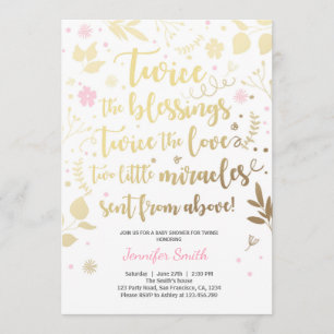 Invitation Baby shower Twin Gold Pink Girl