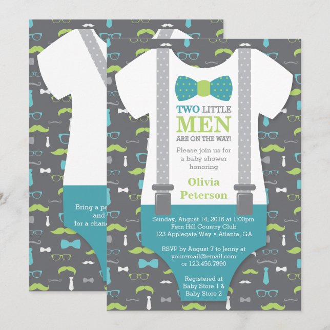 Invitation Baby shower Twin Little Man, Turquoise  (Devant / Derrière)