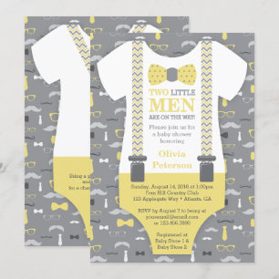 Invitation Baby shower Twin Little Men, Jaune