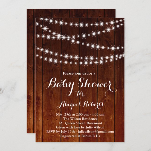 Invitation Baby shower Twinkle Lights - bois (Devant / Derrière)