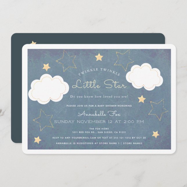 Invitation Baby shower Twinkle Little Star Blue Chalkboard (Devant / Derrière)