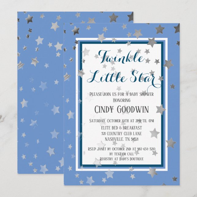 Invitation Baby shower Twinkle Little Star Blue Silver Stars (Devant / Derrière)