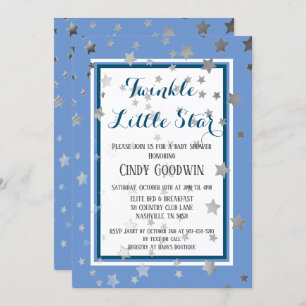 Invitation Baby shower Twinkle Little Star Blue Silver Stars
