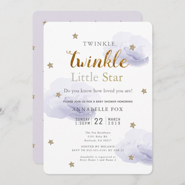 Invitation Baby shower Twinkle Little Star Lavender (Devant / Derrière)