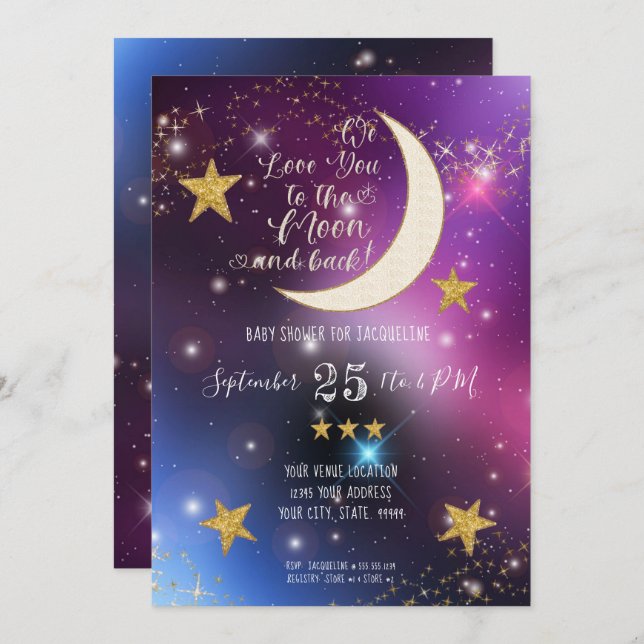 Invitation Baby shower Twinkle Little Star Purple Gold Moon (Devant / Derrière)