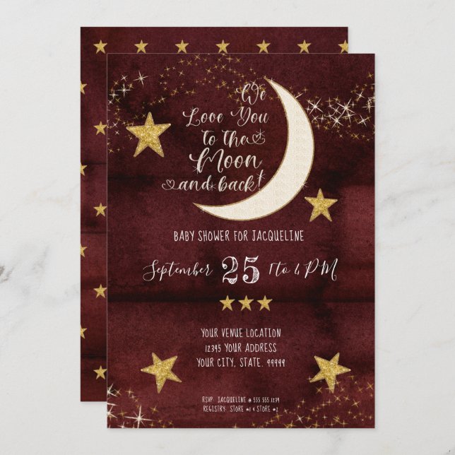 Invitation Baby shower Twinkle Little Star Red Burgundy Moon (Devant / Derrière)