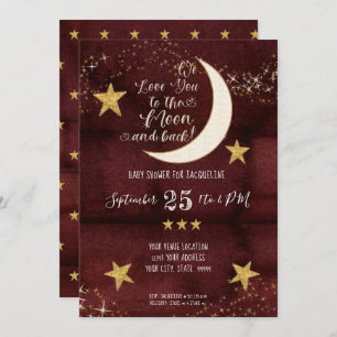 Invitation Baby shower Twinkle Little Star Red Burgundy Moon