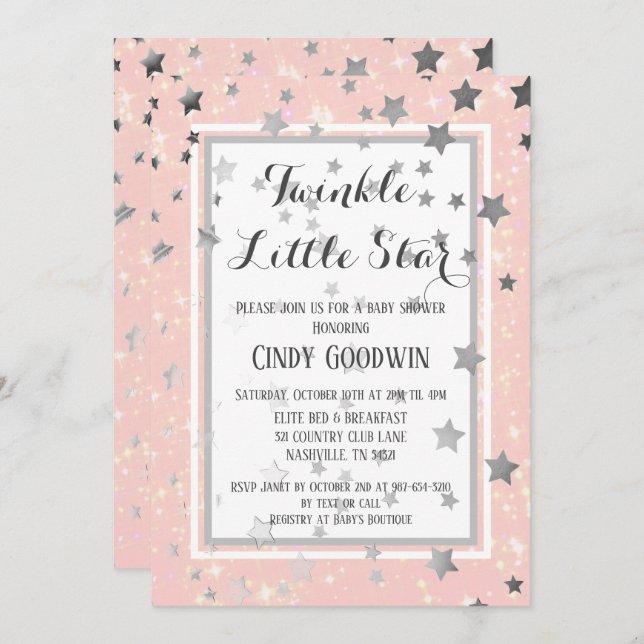 Invitation Baby shower Twinkle Little Star Rose Silver Stars (Devant / Derrière)