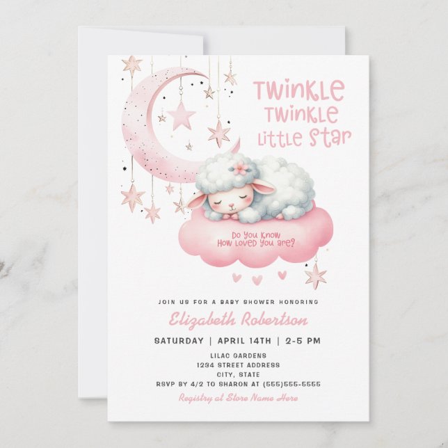 Invitation Baby shower Twinkle Twinkle Agneau rose Filles (Devant)