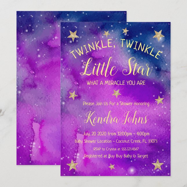 Invitation Baby shower Twinkle Twinkle Little Star (Devant / Derrière)