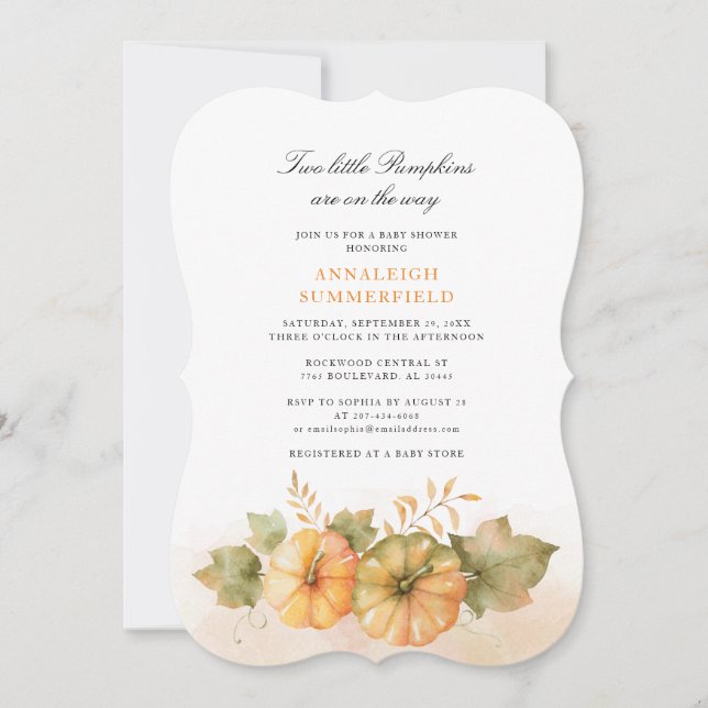 Invitation Baby shower Twins Automne Deux Petits Citrouilles (Devant)