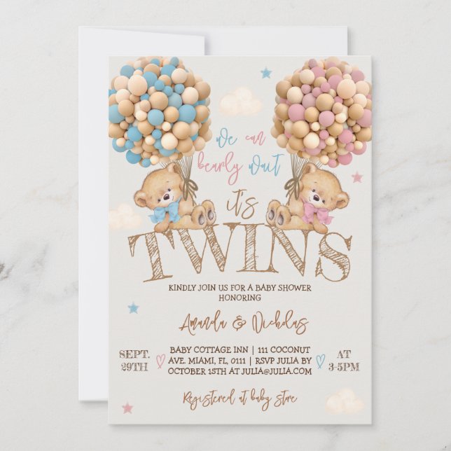 Invitation Baby shower Twins Bear Balloons (Devant)
