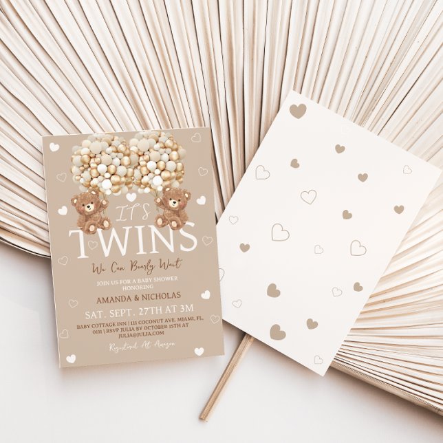 Invitation Baby shower Twins Bear Tan Ivory Hearts & Balloons (Créateur téléchargé)