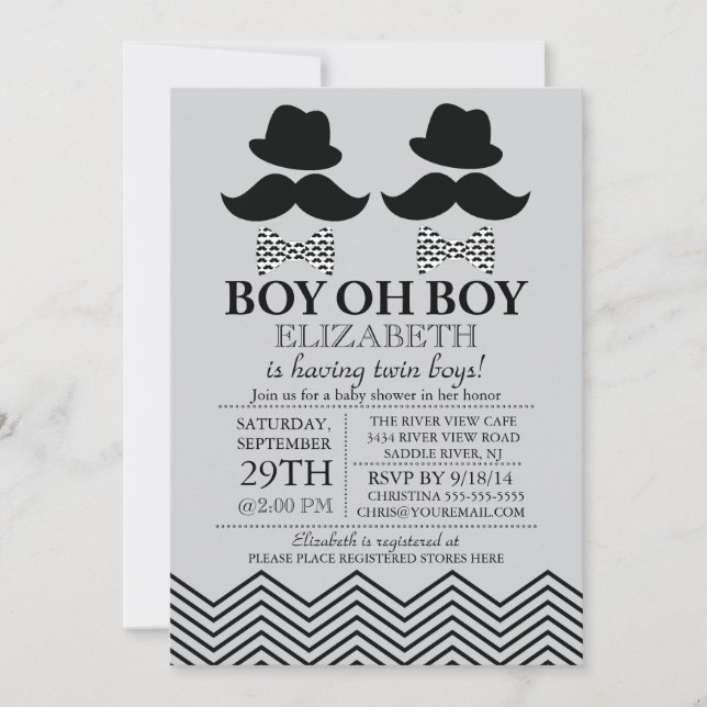 Invitation Baby shower TWINS de Little Man Mustache (Devant)