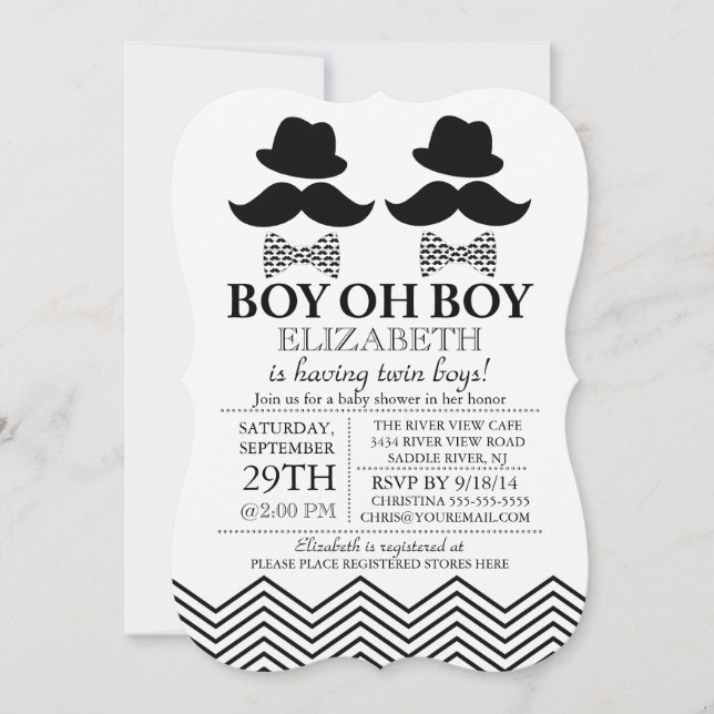 Invitation Baby shower TWINS de Little Man Mustache (Devant)