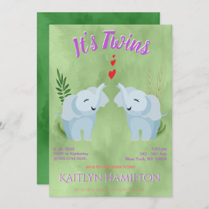 Invitation Baby shower Twins Elephant