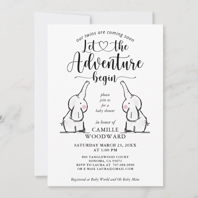 Invitation Baby shower Twins Elephants (Devant)