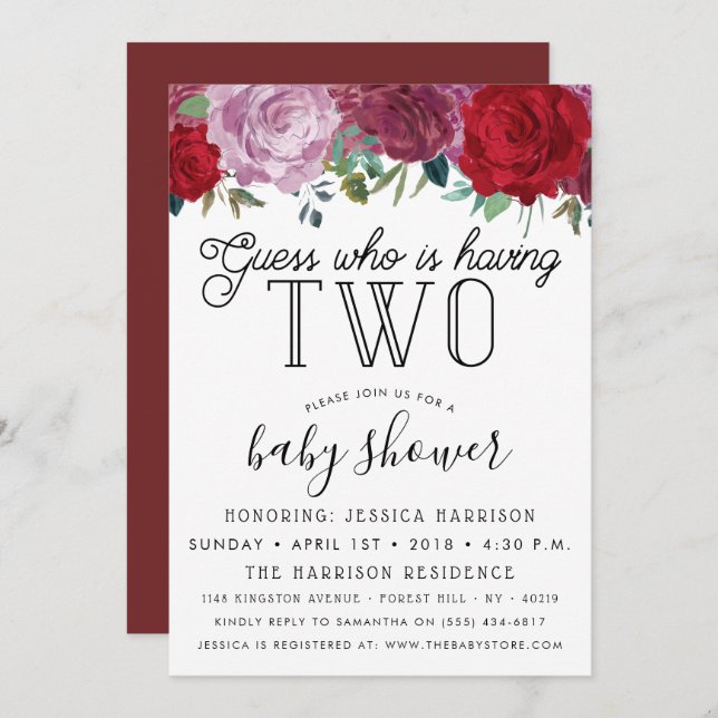 Invitation Baby shower Twins Fleuris tendance (Devant / Derrière)