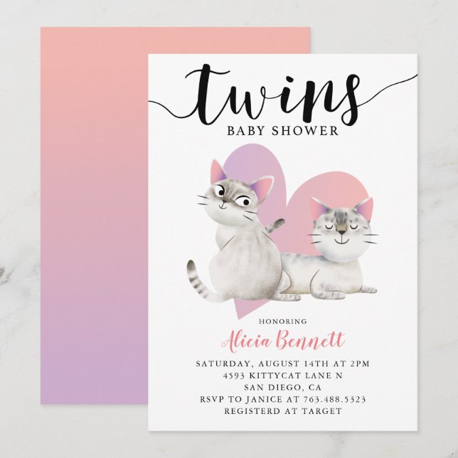 Invitation Baby shower Twins Kitten Kitty Cats (Devant / Derrière)