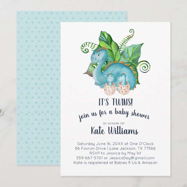 Invitation Baby shower Twins Little Dinosaures (Devant / Derrière)
