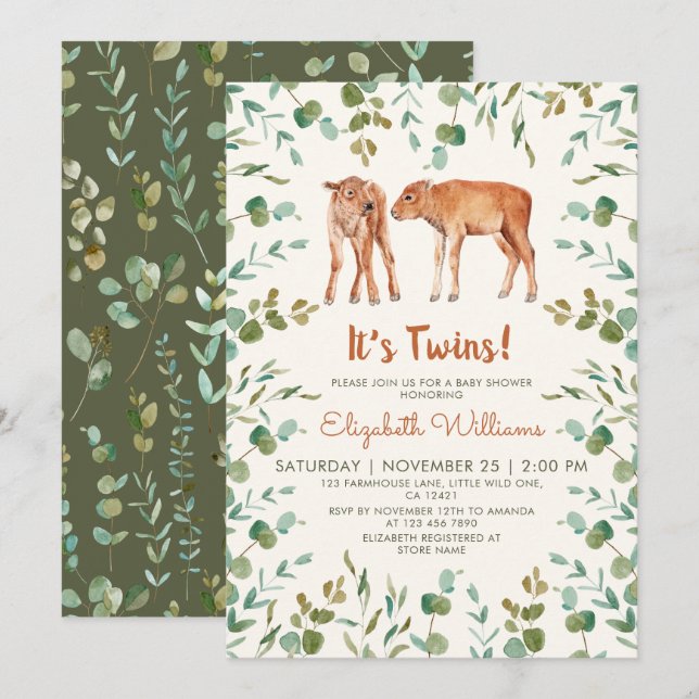 Invitation Baby shower Twins mignon Baby Bison (Devant / Derrière)